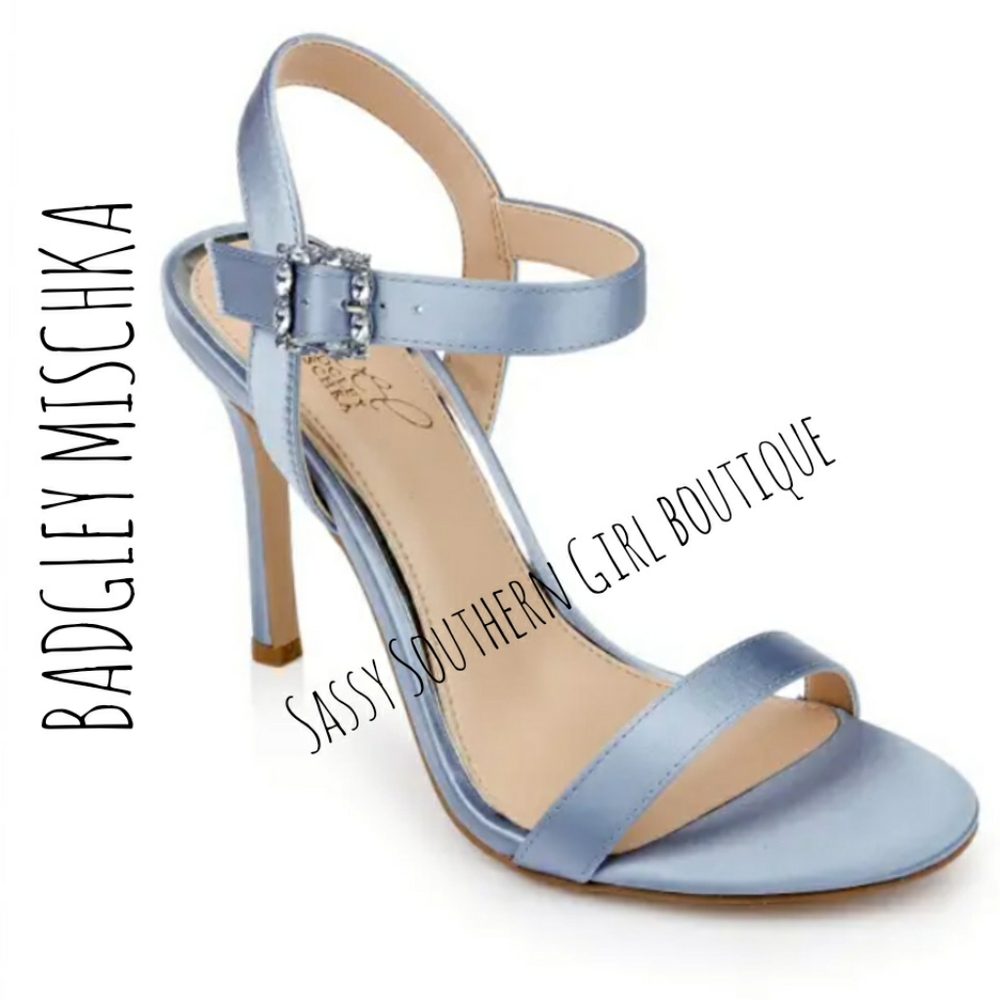 🆕⭐ BADGLEY MISCHKA blue satin rhinestone sandal heels